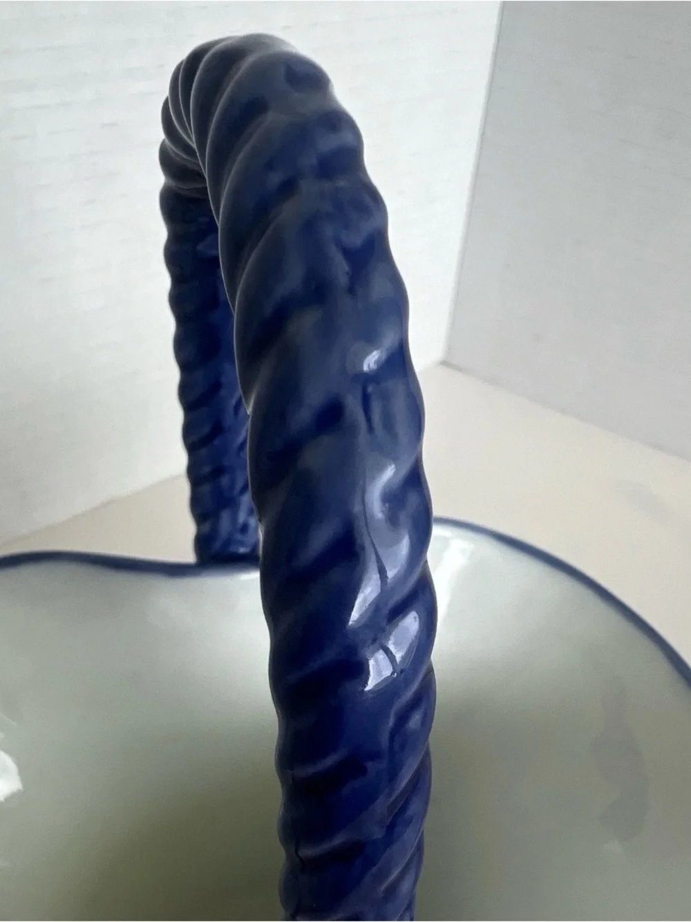 Vintage Blue White Porcelain Basket Floral Ceramic Twisted Handle Applied Leaves